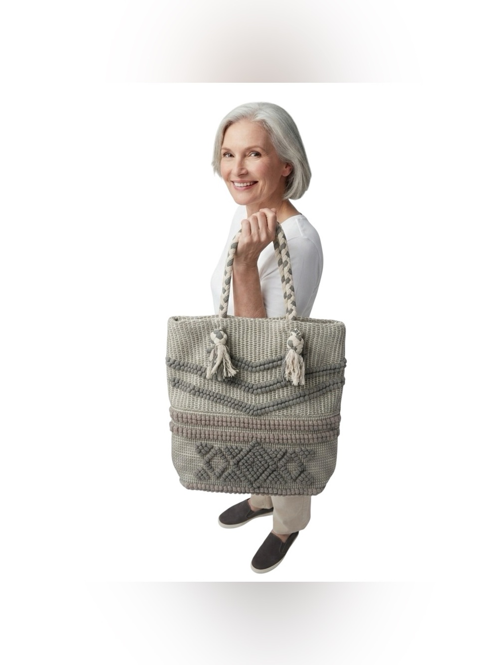 Artisan NY Woven Rope Handle Oversized Gray Boho Beach Tote Bag